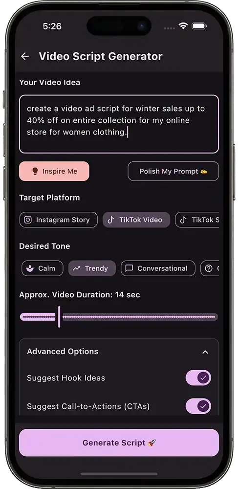 Video Script Generator Entry Screen