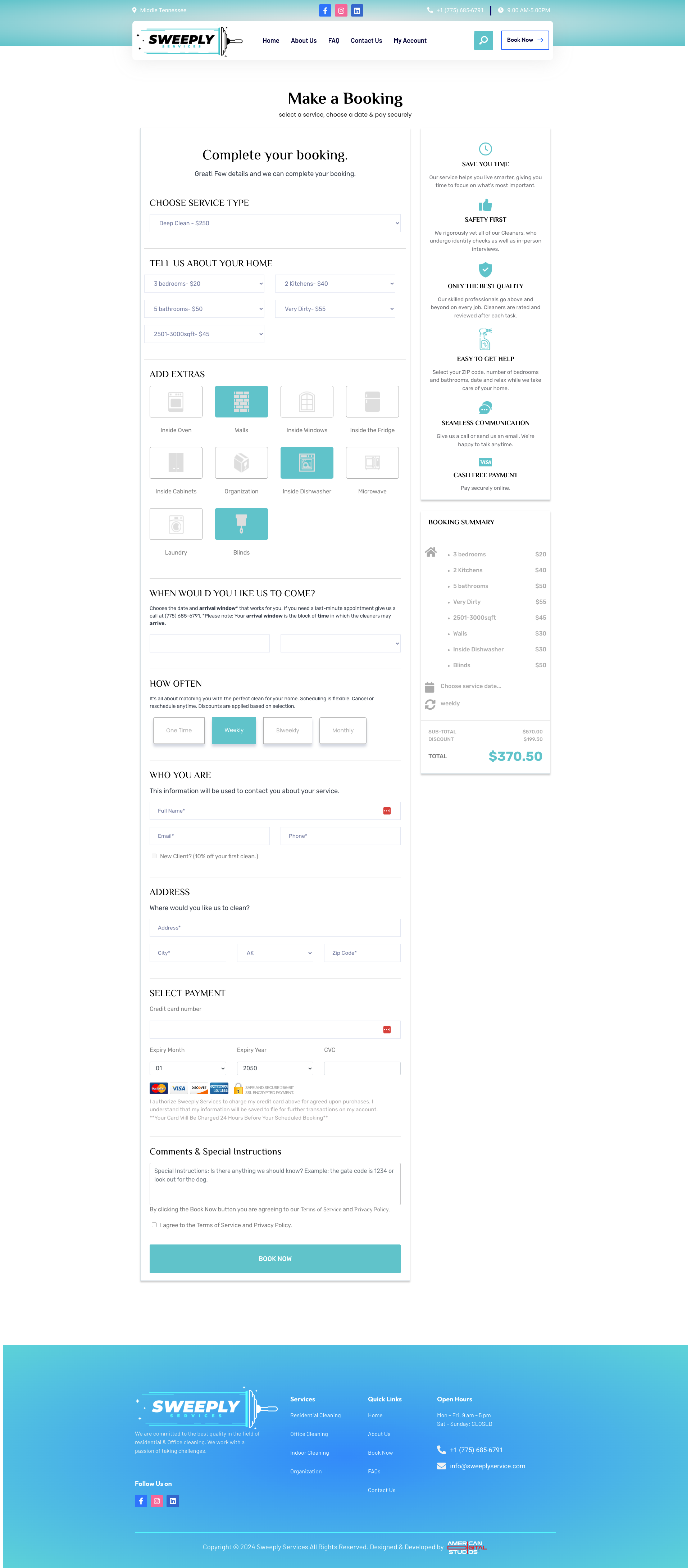 Sweeply Service Booking Page Complete View