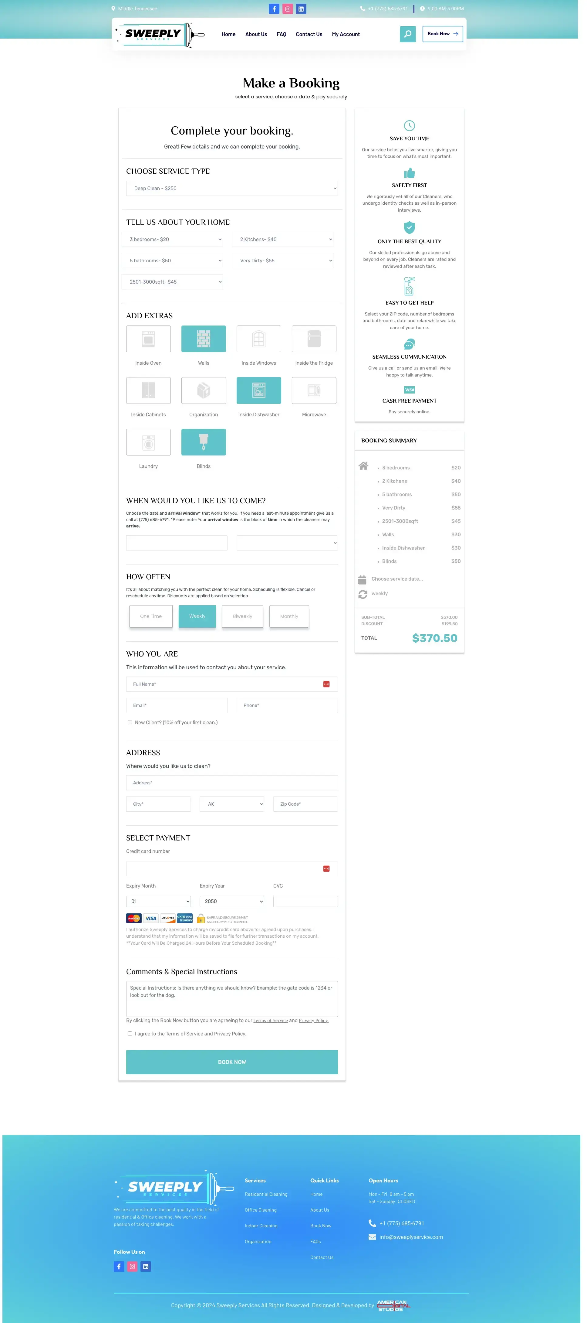 Sweeply Service Booking Page Complete View
